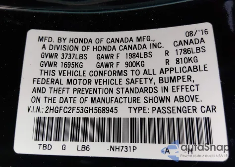 2016 Honda Civic Lx from USA, damaged, VIN 2HGFC2F53GH568945